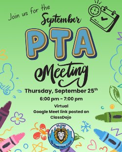 Flyer with information for the next PTA meeting held virtually on September 25 at 6:00 pm